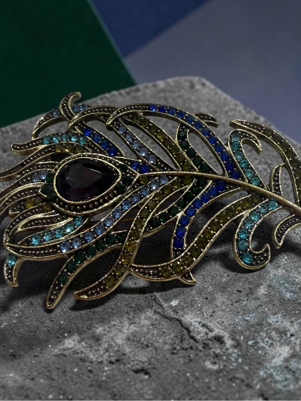 Peacock Feather Crystal Brooch — Multicolor